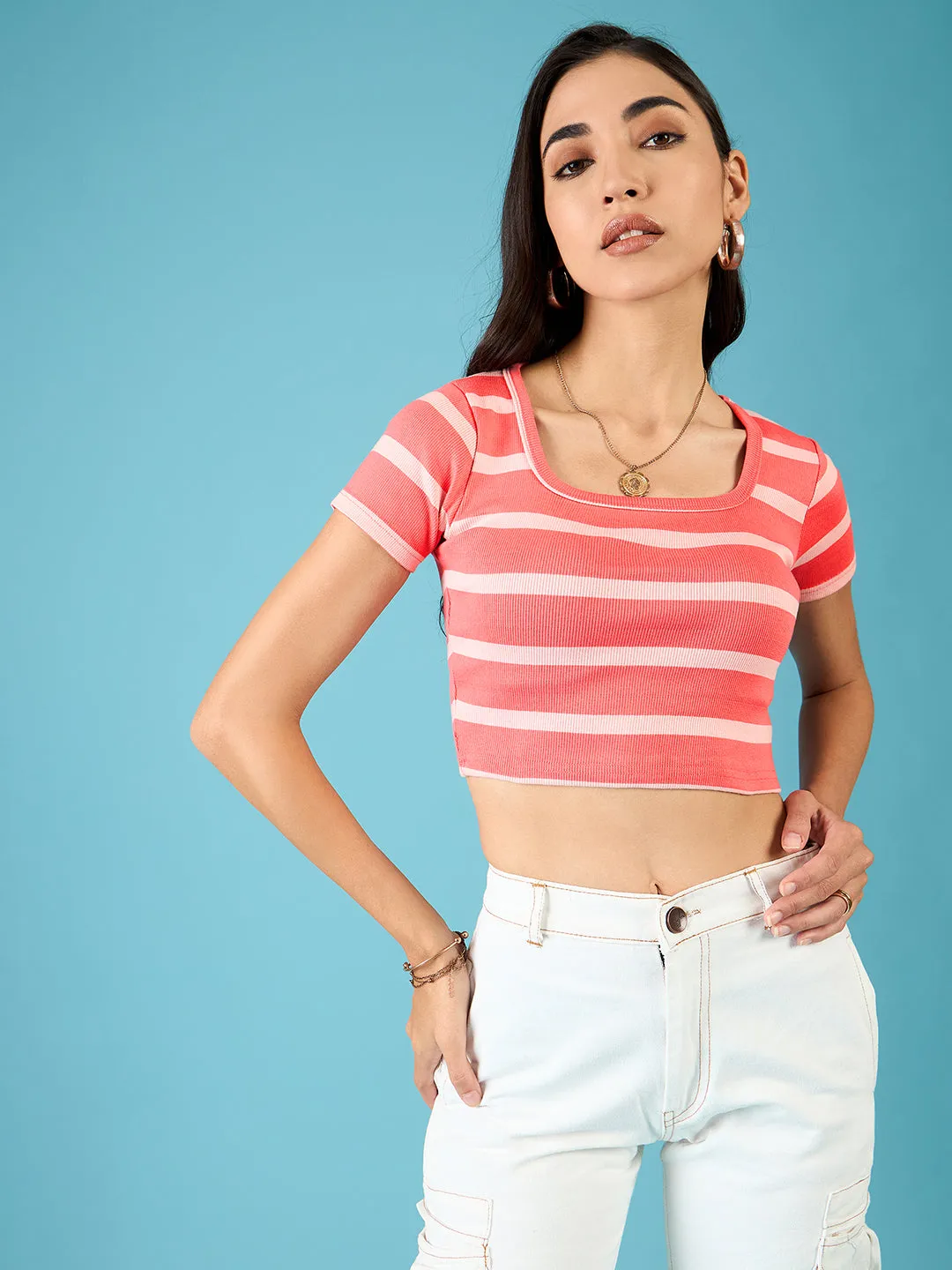 Stretchable Ribbed Half Sleeve Crop Top