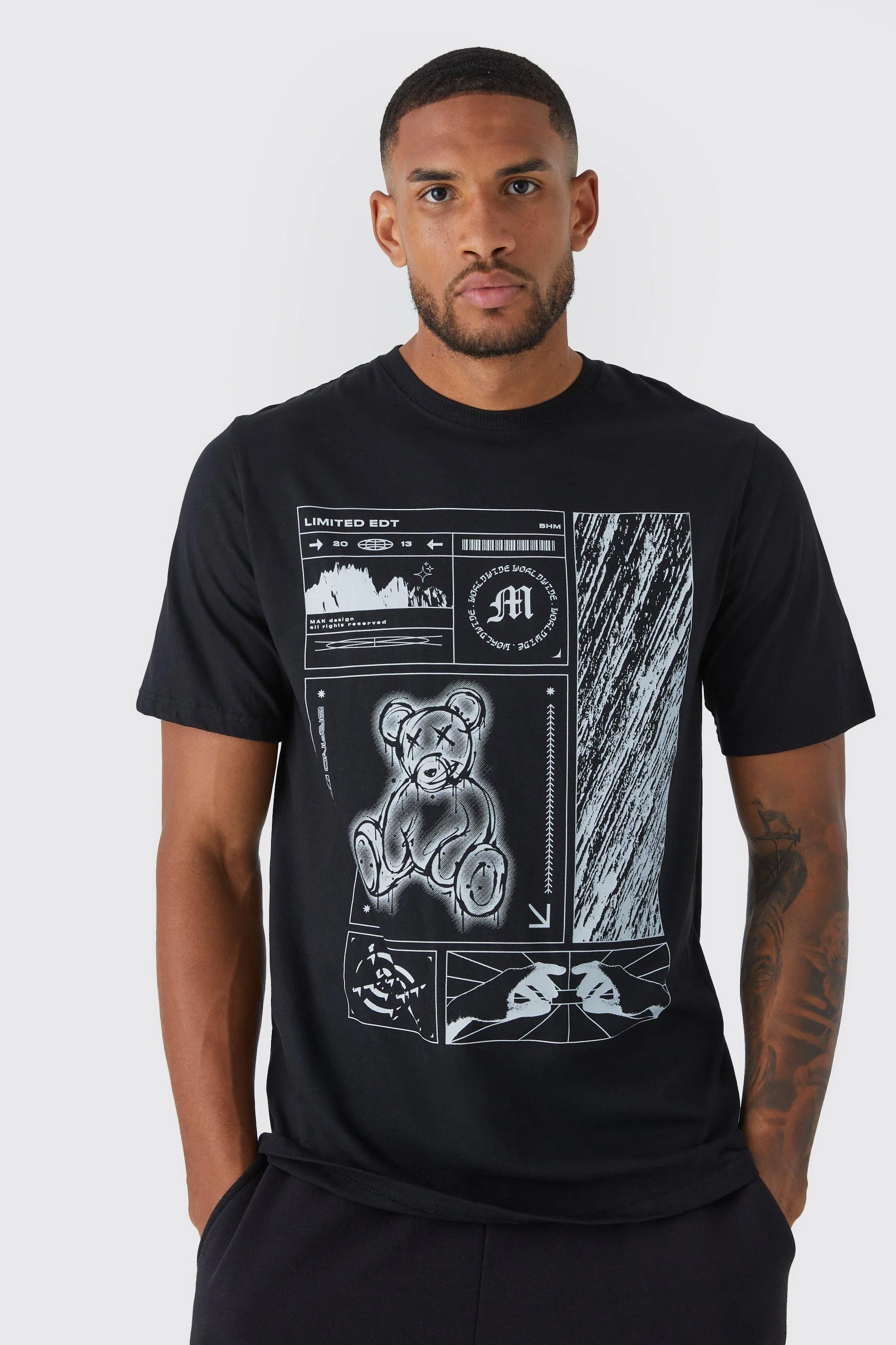 Tall Oversized Teddy Multi Graphic T-shirt | boohooMAN UK