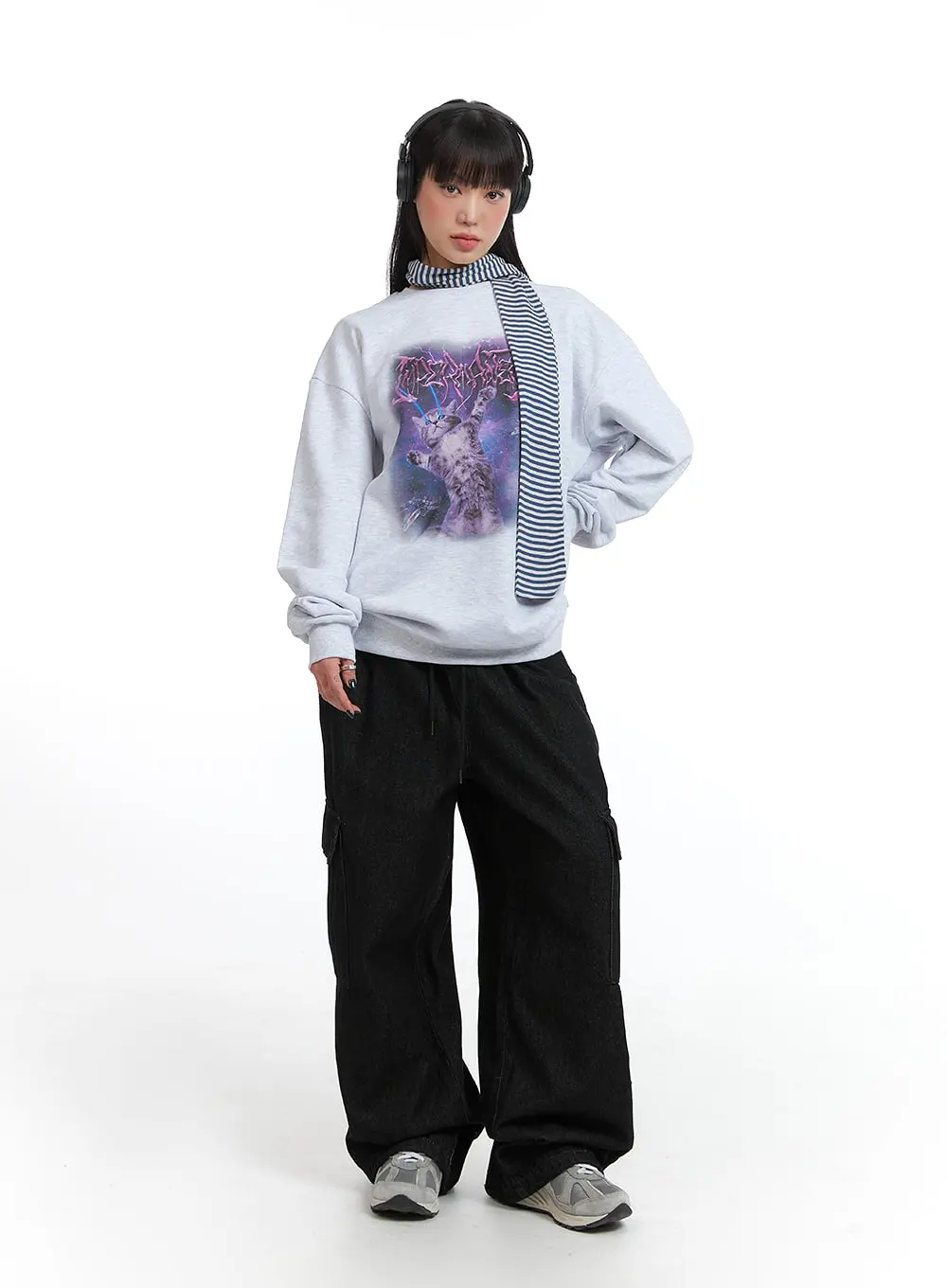 Terry Round Neckline Universal Cat Oversized Sweatshirt IJ411