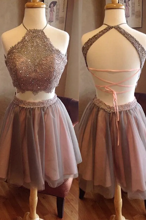 Two Piece A Line Halter Sleeveless Backless Appliques Beading Homecoming Dresses