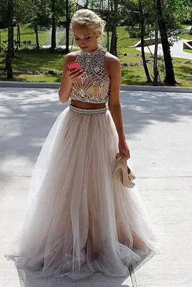 Two Piece High Neck Sleeveless A Line Floor Length Prom Dresses