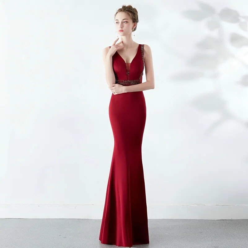 V-neck Elegant Party Dress See-through Beaded Long Evening Dress