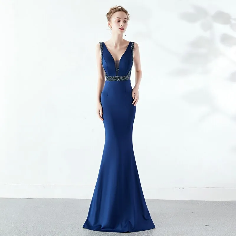 V-neck Elegant Party Dress See-through Beaded Long Evening Dress