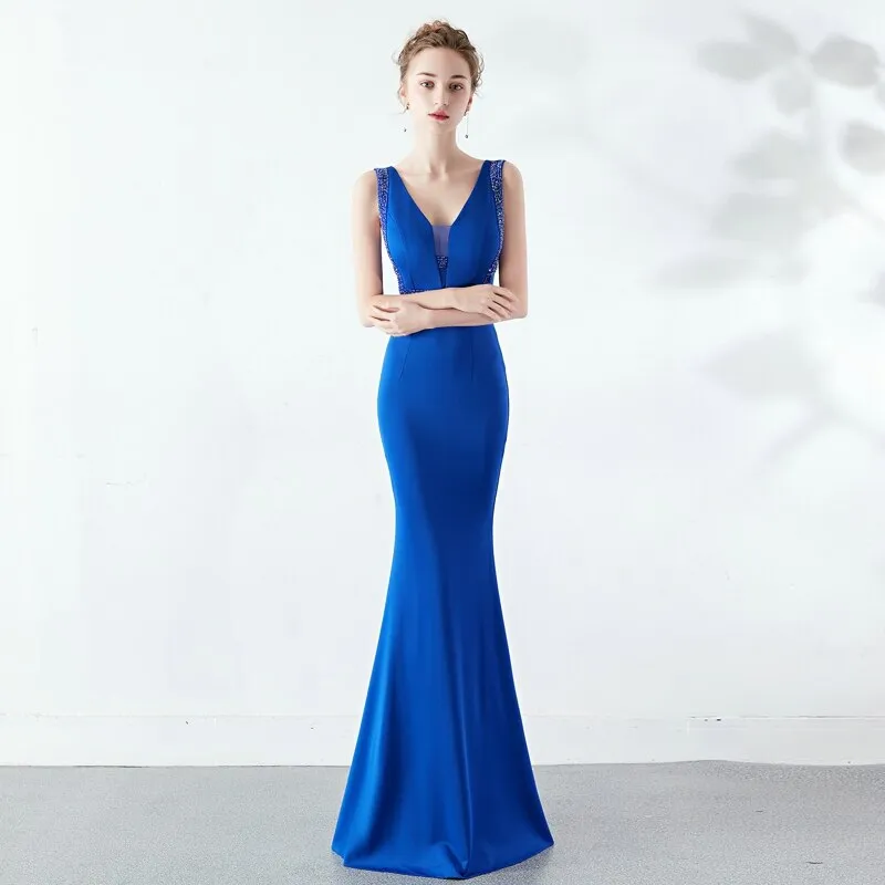 V-neck Elegant Party Dress See-through Beaded Long Evening Dress