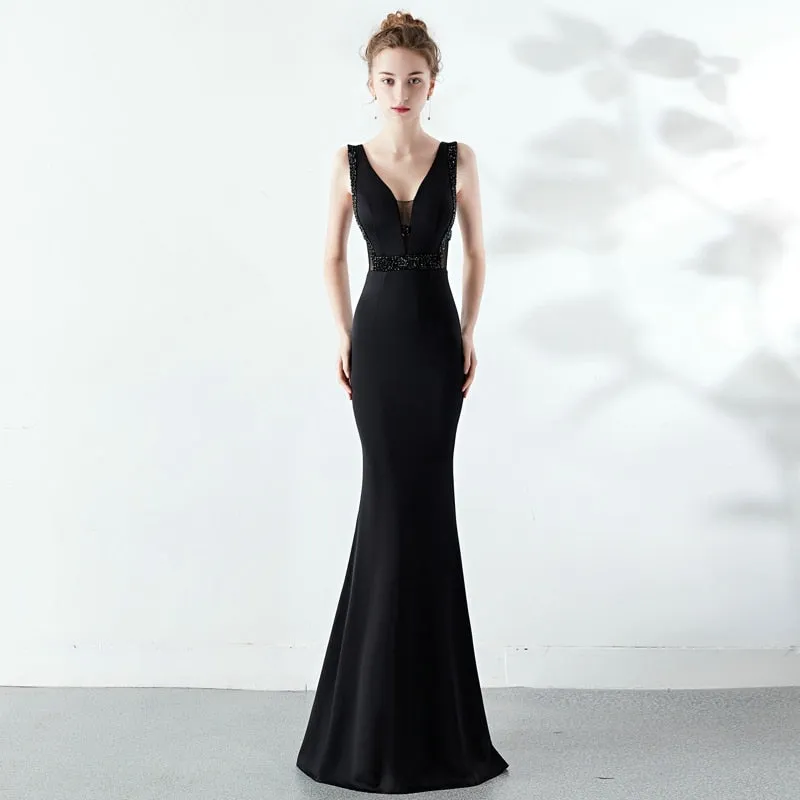 V-neck Elegant Party Dress See-through Beaded Long Evening Dress