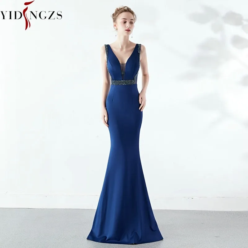 V-neck Elegant Party Dress See-through Beaded Long Evening Dress