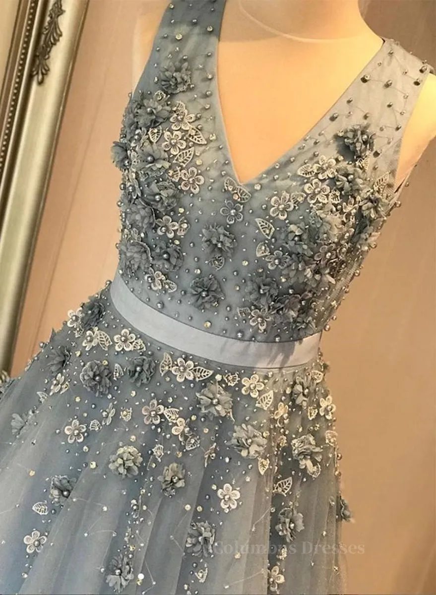 V Neck Open Back Beaded Blue Long Prom Dress with 3D Flowers, Open Back Blue Formal Graduation Evening Dress