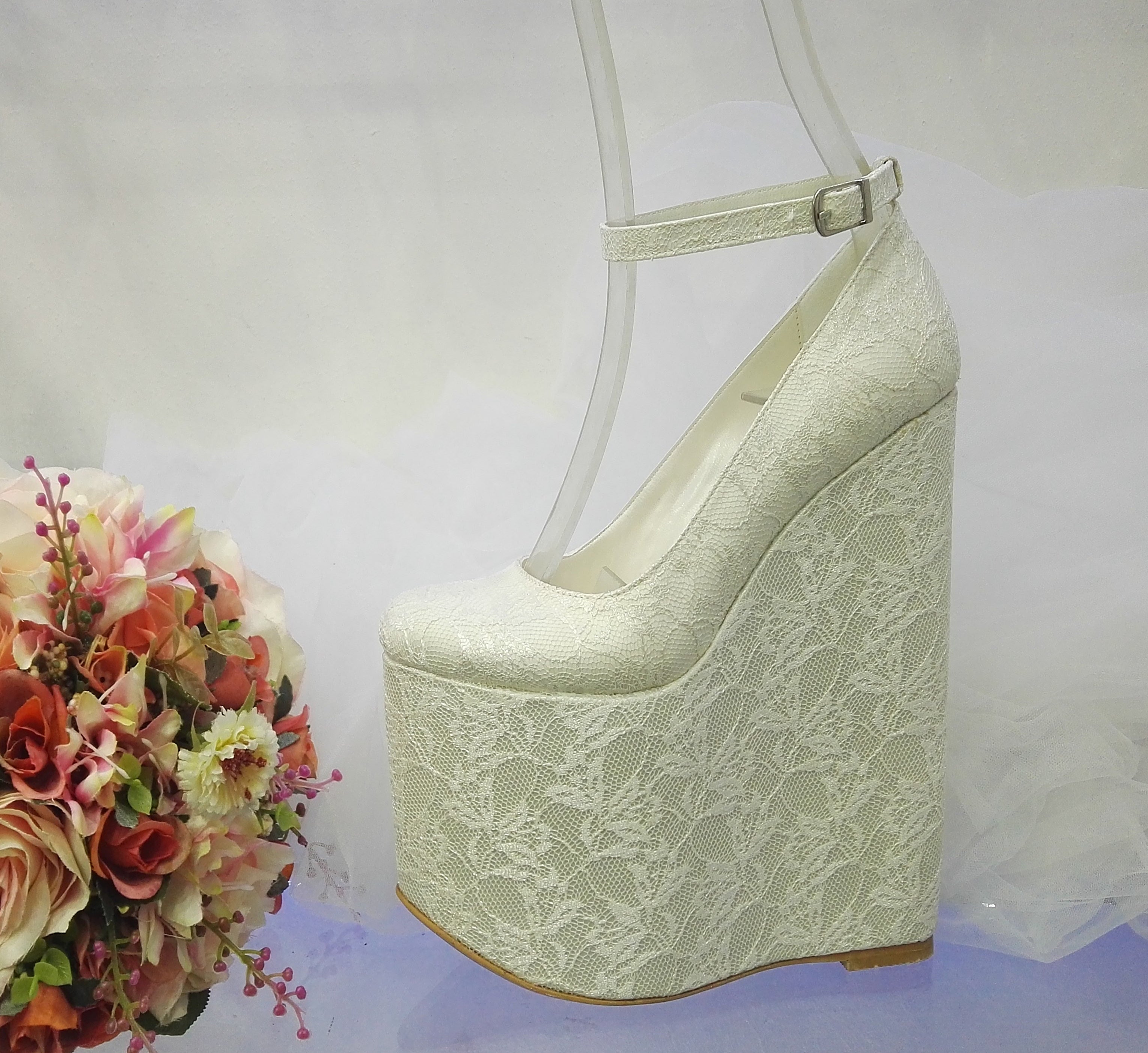 White Lace 20 cm High Heel Wedding Wedges