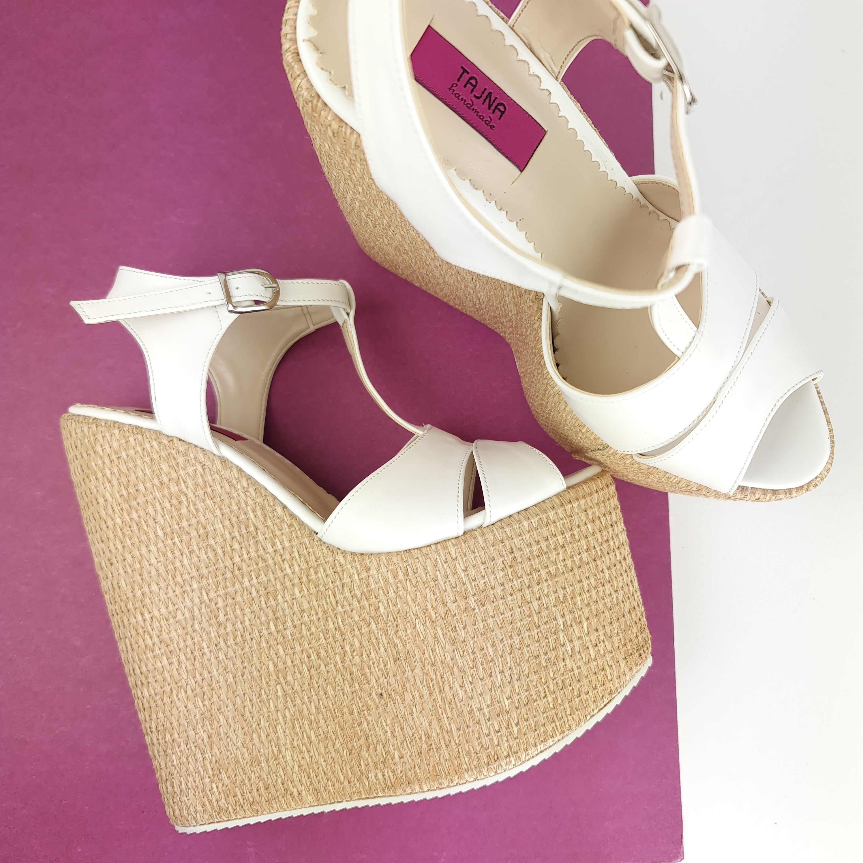 White T Strap Espadril High Heel Wedges