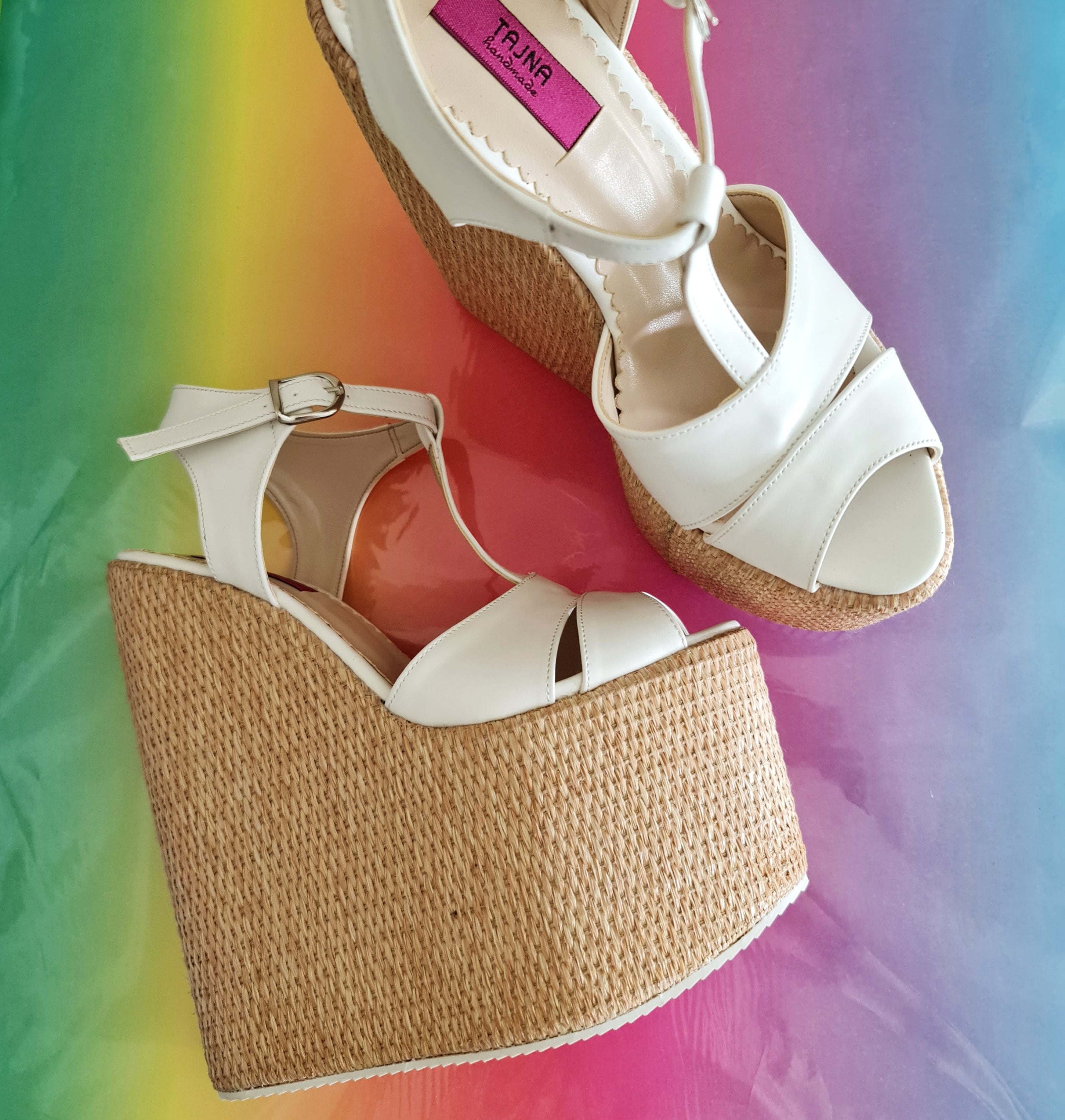 White T Strap Espadril High Heel Wedges