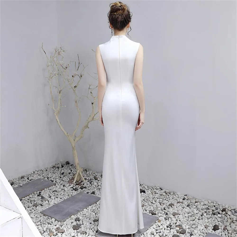 White V-neck Sleeveless Evening Dress Long Taffeta Prom Gown Sexy Side Split Robe applique Women Formal Dress