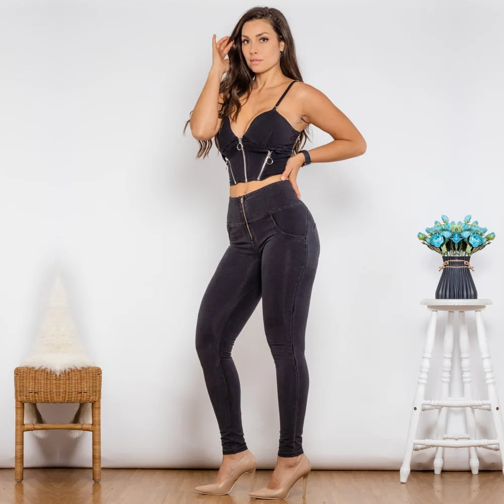 Women's Black Denim Skinny Zipper Push-Up Top High Waist Pants 2Pc Set