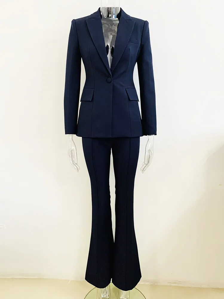 Women's Formal Single Button Full Sleeve Blazer Flare Pants Two Piece Suit Set