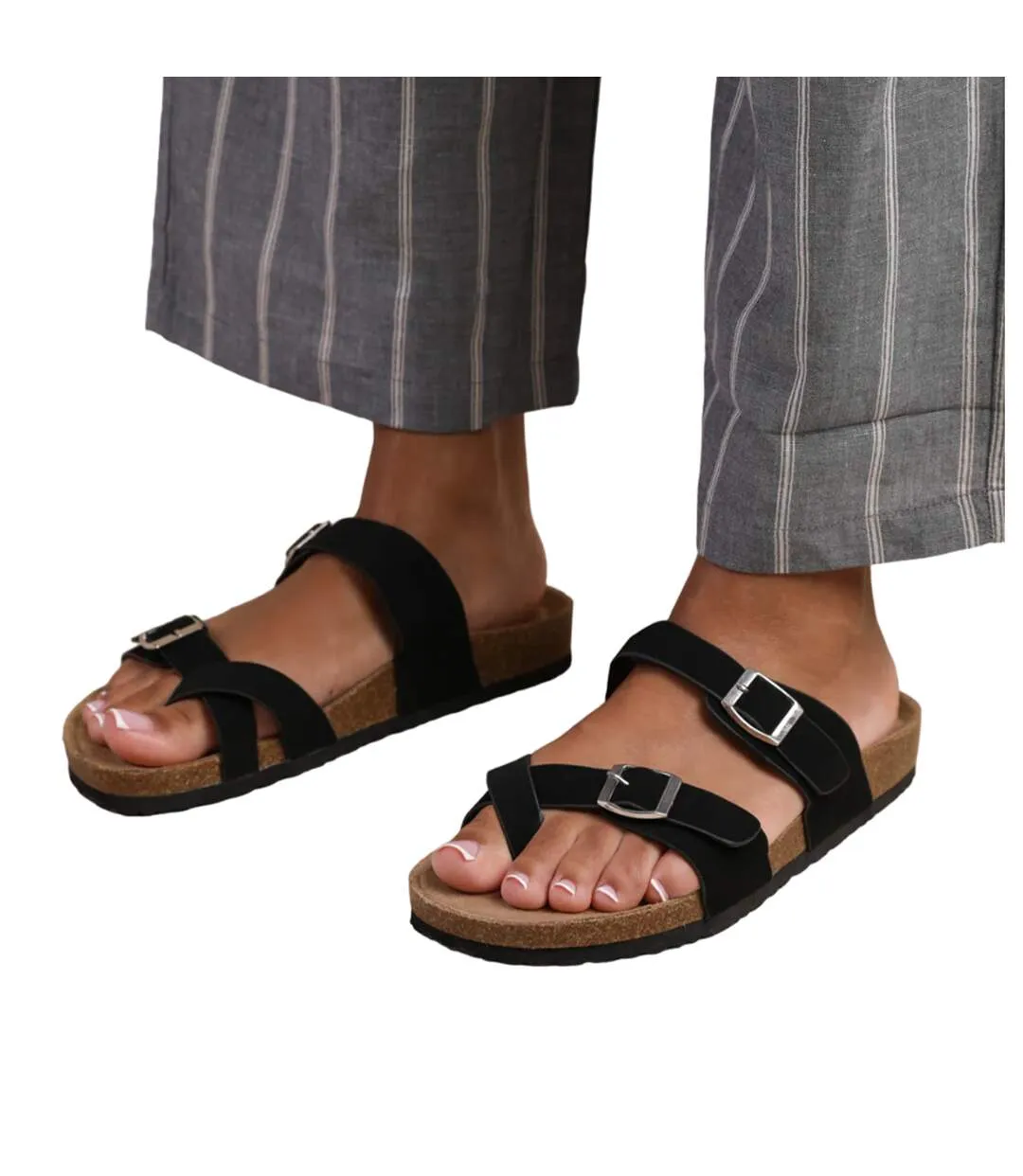 Womens/ladies rio buckle faux leather double strap flat flip flops black Where´s That From