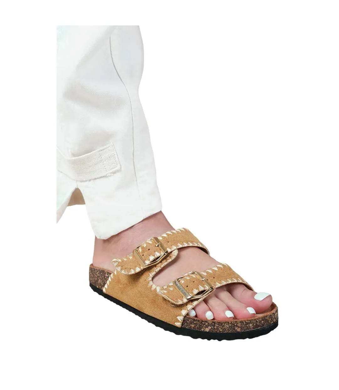 Womens/ladies sunset twin buckle double strap flat sandals camel Where´s That From